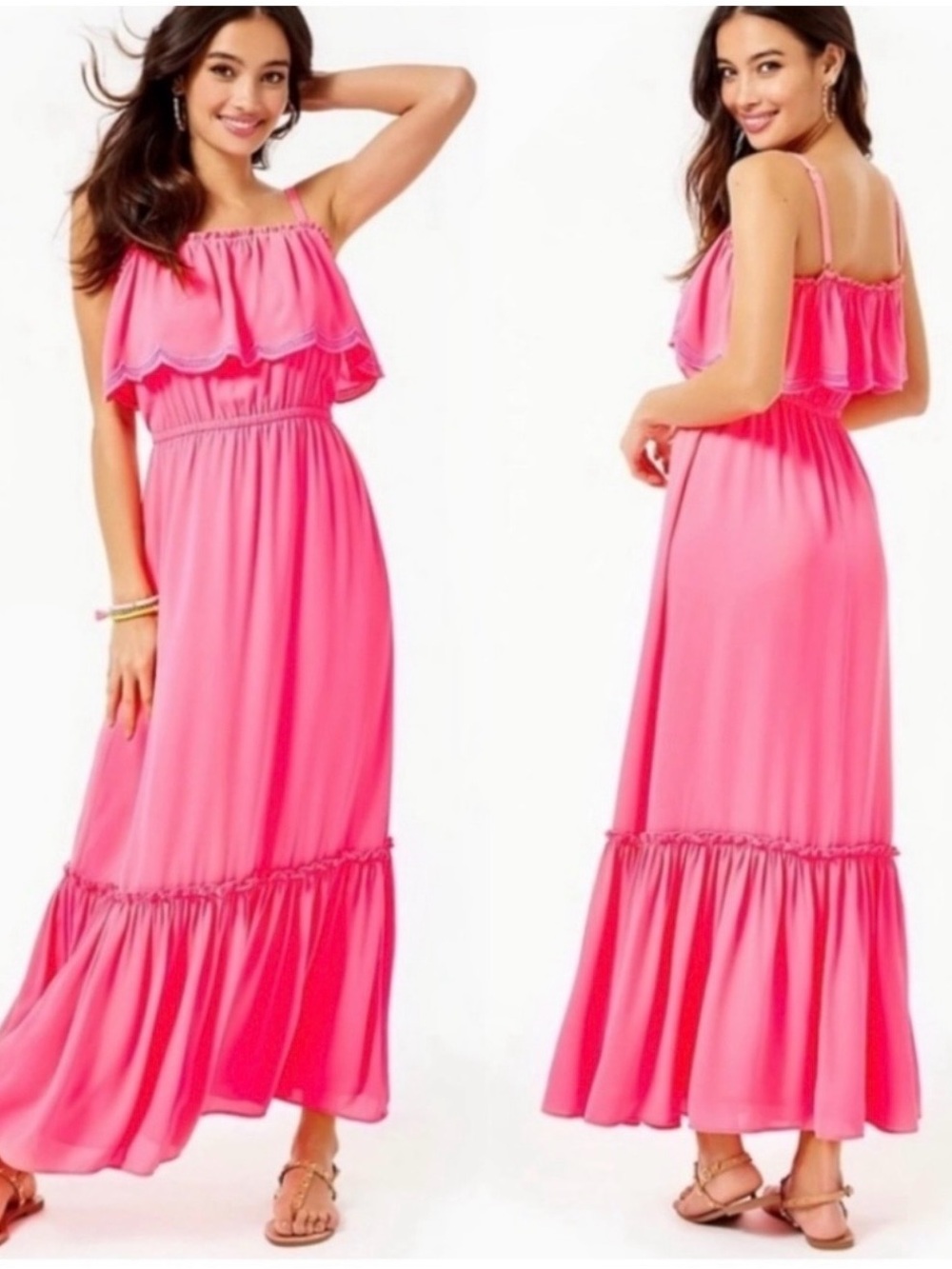 Lilly Pulitzer Asia Love Potion Pink Lined Maxi Dress Embroidered Ruffled Small